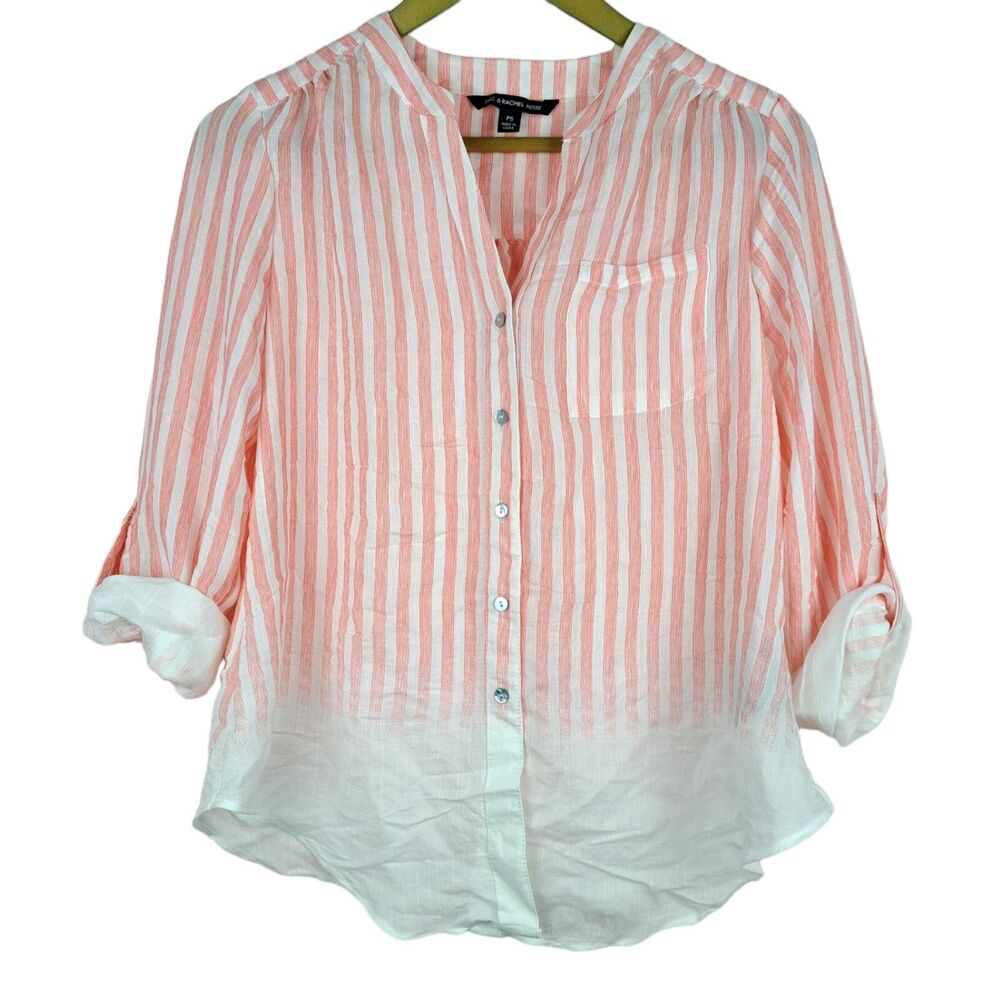 Zac & Rachel Women Long Sleeve Top Medium Pink Stripe Tie Front Button Petite S